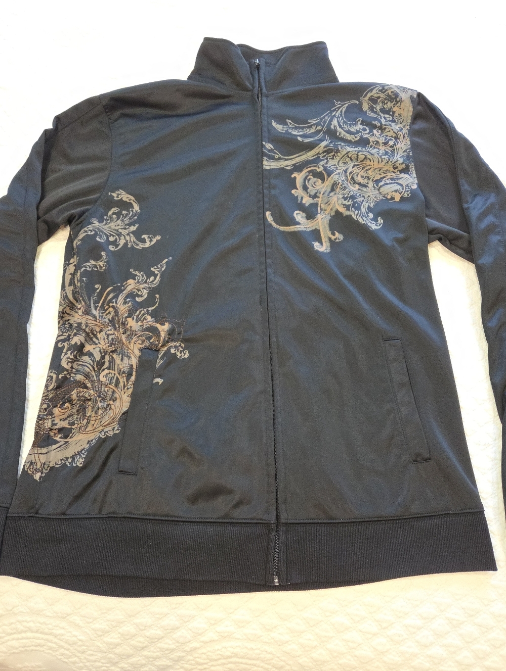 Lamasini Jeans Funnel Mock Neck Jacket Size Medium Black Gold Filigree Pattern